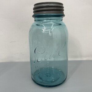 Vintage #13 Blue Ball Perfect Mason Quart Jar 1923-1933 Zinc Milk Glass Lid